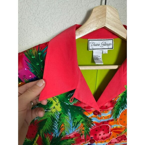 Diane Gilman Silk Blouse Top Size Large Sequin Tropical Dolphin Colorful - Picture 4 of 12